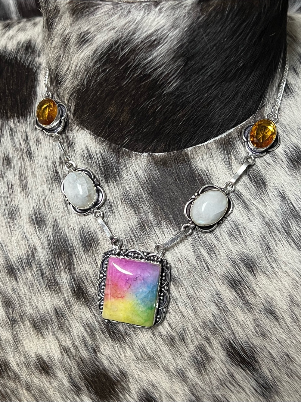 Sterling Silver Rainbow Solar quartz moonstone  necklace